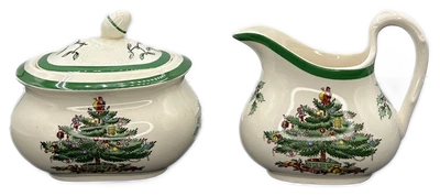 Spode Christmas Tree Creamer and Sugar Bowl with Lid England VTG - Image 1 of 4