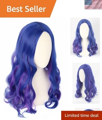 Peluca para niños para niñas Peluca azul y púrpura Disfraz de Halloween Juegos con disfraces Peluca larga ondulada Foto 1 de 4