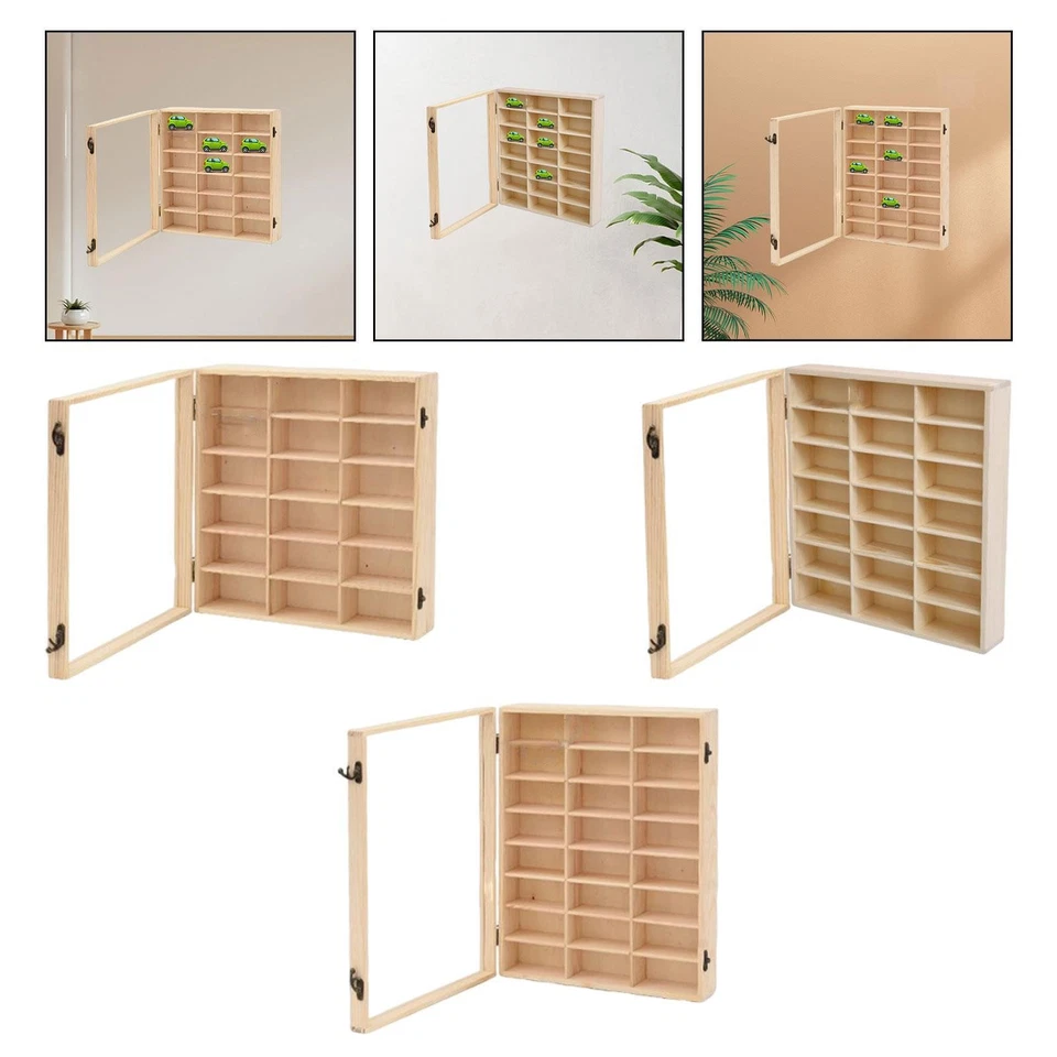 Toy Car Display Case Wooden Showcase Multi Grid Storage Rack with Dustproof Door - Image 1 of 1