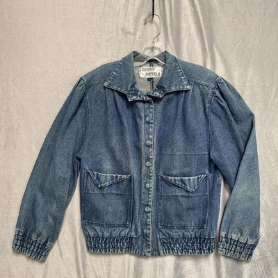 ВИНТАЖНЫЙ Серебряный никели куртка женщин маленький синий джинсовой ткани Bomber Snap спереди 80-х - Изображение 1 из 4