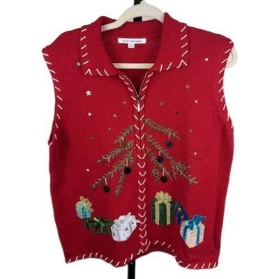 Chaleco Suéter Vintage Mercer Street Rojo Árbol de Navidad Regalos Cremallera Talla Grande Foto 1 de 4