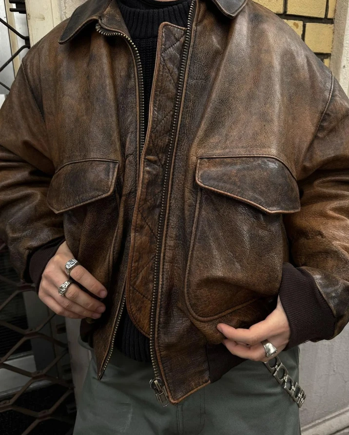 Chaqueta de bombardero de cuero marrón envejecido vintage - Chaqueta estilo aviador clásico Foto 1 de 4