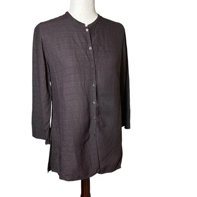 Túnica Eileen Fisher System mistura de linho colarinho mandarim marrom tamanho pequeno minimalista - Imagem 1 de 4