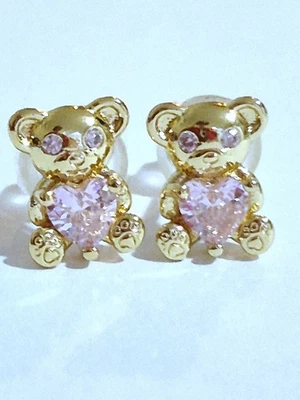 pink C/zirconia heart + Rhinestone eyes gold Plated Small Teddy Earrings (#40) - Image 1 of 2