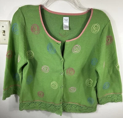 Garnet Hill Cardigan Women’s L Green Embroidered Lace Hem Preppy Colorful - Image 1 of 4