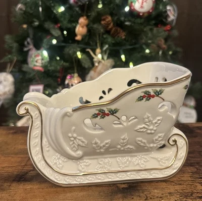 Candelabro trineo hoja de acebo PartyLite motivo acebo borde dorado Foto 1 de 4