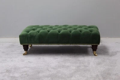 Large Ottoman Chesterfield Footstool In Plush Moss Green Velvet With Gold Studs - Image 1 of 4