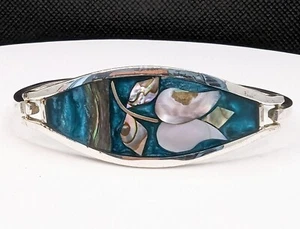 Alpaca Mexico Inlaid Mother Of Pearl Abalone Paua Shell Teal Floral Bangle - Picture 1 of 10