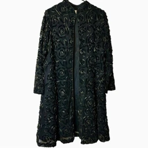 IC Collection By Connie USA Black Rose Rosette Ribbon Jacket Vintage USA 4703J M - Picture 1 of 10