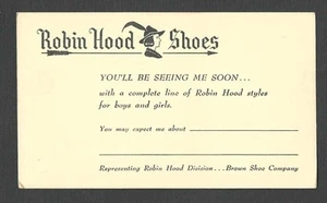 Ca 1952 ROBIN HOOD SHOES SALESMANS CALLING CARD-BROWN SHOE CO MINT FACE UX39 - Picture 1 of 2