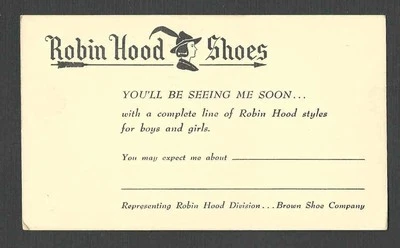 Ca 1952 ROBIN HOOD SHOES SALESMANS CALLING CARD-BROWN SHOE CO MINT FACE UX39 - Image 1 of 2