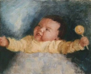 CHARMING SMILING BABY w/ RATTLE IMPRESSIONIST ARTIST Sd ORIGINAL OIL on CANVAS - Picture 1 of 9