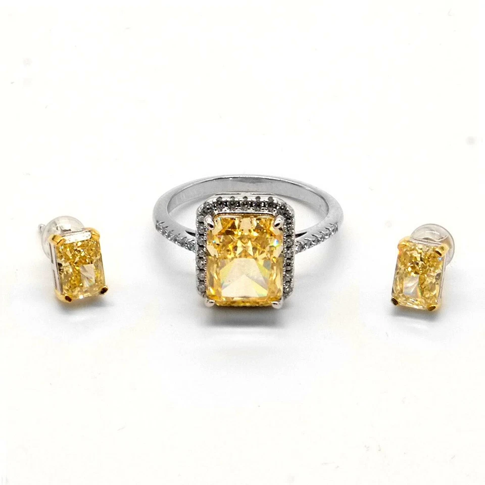 Juego Princesa Champagne: Circón Amarillo y Blanco, Anillo Chapado en Oro 18k y Rodio Foto 1 de 4