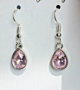 Pink Coloured Teardrop Shaped Faceted Glass Dangle / Drop Hook Earrings. - Picture 1 of 3