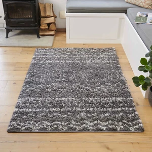 Grey Aztec Shaggy Rug Warm Non Shed Traditional Living Room Rug Runner LAST FEW - Picture 1 of 8