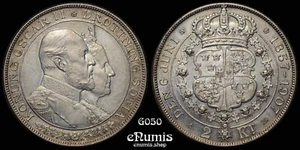 SWEDEN, Oscar II, 2 Kronor 1907, Golden Wedding Anniversary, prooflike, aUNC - Picture 1 of 6