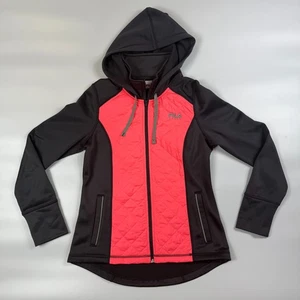 FILA Sport Hooded Jacket Womens Small Black Pink Quilted Fleece Lined Full Zip - Picture 1 of 7