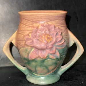 Vintage Roseville Art Pottery Green Pink Peony Vase 71-4 Floral AS IS - Picture 1 of 9