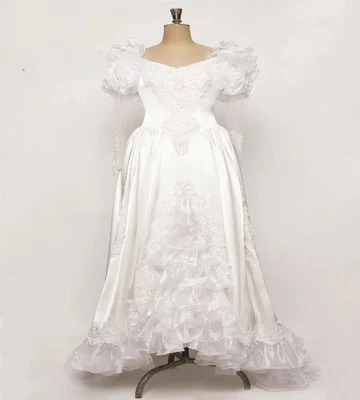 Retro Victorian 70s Wedding Dress With Organza Ruffles Long Sleeve Lace Medieva - Image 1 of 4