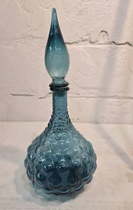 Vtg MCM Blue Empoli Bubble Hobnail Glass Genie Decanter Bottle ITALY - Picture 1 of 11