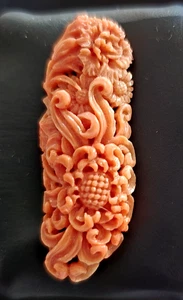 Japanese Antique Coral Hand Carved Obidome/Pendant/Brooch Scrolls & Floral 2" - Picture 1 of 8