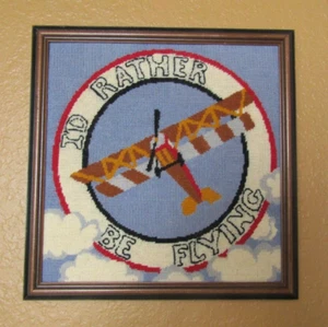 VINTAGE AVIATION FRAMED NEEDLEPOINT "I'D RATHER BE FLYING" COMPLETED (15.5") - Picture 1 of 3