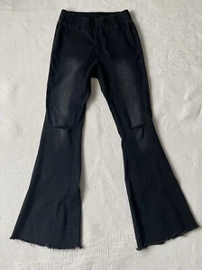 Black Flare Leg Jeans, Stretch With Knee Holes, Frayed Hem Pull On Pants, Size M - Picture 1 of 6
