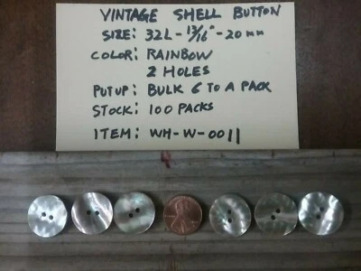  6 Natural Shell Button 20MM 32L 13/16" 2 hole nonflat RInbow thick reversible - Image 1 of 2