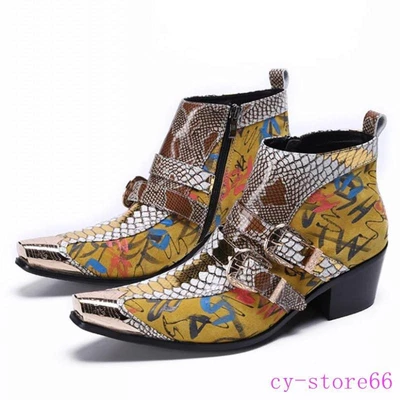 Men's Leather Ankle Boots Shoes Metal Pointy Toe Zip Snakeskin Pattern Banquet - Image 1 of 4