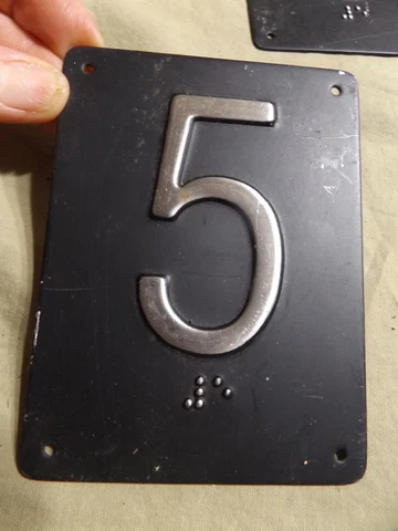 Vintage House Hotel Room Black Painted Metal Embossed Number 5 with Braille 3x4" Cover