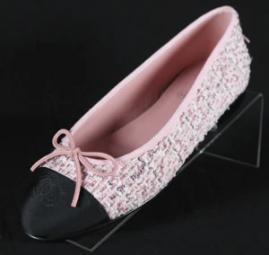 CHANEL 20P NIB Pink Metallic Tweed Fabric & Black Logo Cap-Toe Ballet Flats 38 - Picture 1 of 12