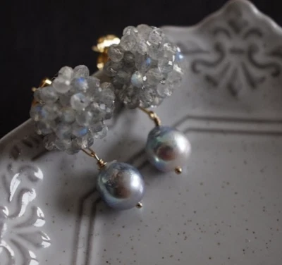 Pearl labradorite gemstone 925 sterling silver earrings jewelry Gift for her b55 - Image 1 of 4