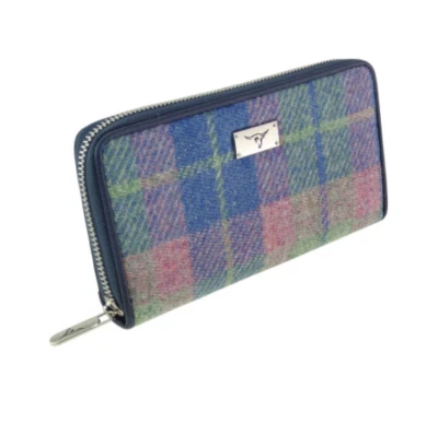 GLEN APPIN OF SCOTLAND Pastel Blue Green Pink Tartan Check Harris Tweed Ladies Zip Round Purse Wallet