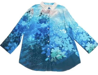 Soft Surroundings Blue Floral Watercolor Silk Button Down Blouse Top Size Large - Image 1 of 4
