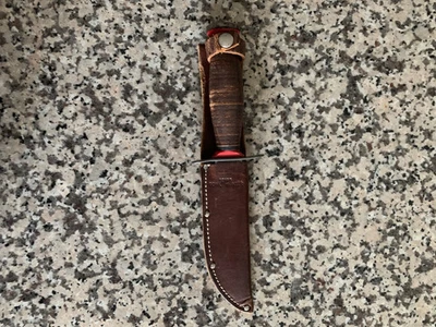 CUCHILLO DE HOJA FIJA VINTAGE SCHRADE WALDEN NY EE. UU. SEARS BOWIE HUNTER USADO CON FUNDA Foto 1 de 4