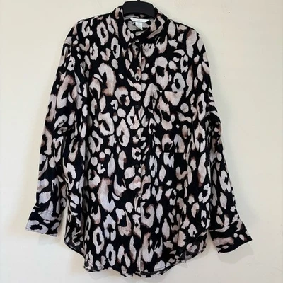 H&M Y2K Slouchy Black Cream Leopard Linen Button Up Long Sleeve Oversized Shirt - Image 1 of 4