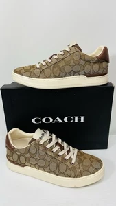 Coach Signature Clip Low Top Sneakers Khaki Saddle Brown Canvas G4967 Sz 8 B - Picture 1 of 11