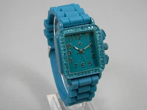 Quartz Watch Women Turquoise Bling 32mm Silicone Band Rhinestone Bezel Japan - Picture 1 of 16