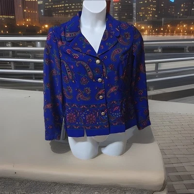 Vtg Leslie Fay Paisley Gold Button Long Slv Satin Jacket Blouse Petite Sz 14P - Image 1 of 4