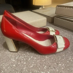 🆕️ FRANCO SARTO Mary Jane Heels Red And Cream Patent Leather Pumps Women 9.5. - Picture 1 of 12