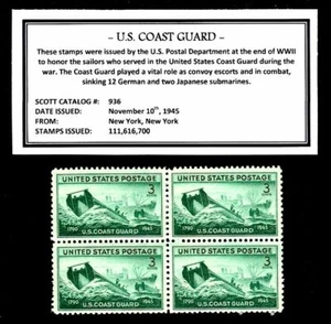 1945 - U. S. COAST GUARD - (WWII) Mint -MNH-Block of Four Vintage U.S. Postage - Picture 1 of 1