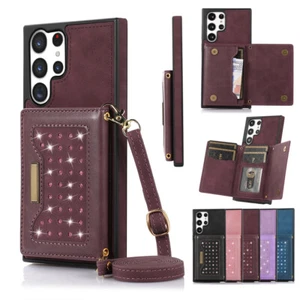 Bling Wallet Card Case Fr Samsung A51 A52 A52S A12 S21 Plus with Crossbody Strap - Picture 1 of 17