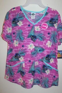 Jurassic World Island Print V-Neck Medical Scrub Top Women's NEW - Picture 1 of 5