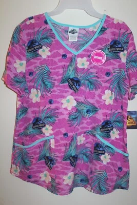 Jurassic World Island Print V-Neck Medical Scrub Top Women's NEW - Image 1 of 4