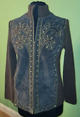 Abrigo Chaqueta Bob Mackie Marrón Bordado Cuero XS Mujer Cremallera Frontal Foto 1 de 4