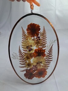 Vtg Pressed Dried Flower Suncatcher Glass Copper Frame Oval Pansies Fern 9" - Picture 1 of 7