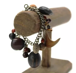 African LG Dangle Bracelet Nut Shell Stone Beads Earth Tones Silver Color Chain - Picture 1 of 11