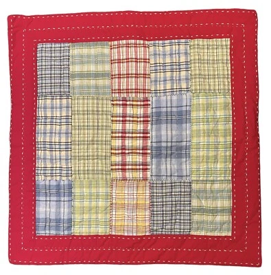 POTTERY BARN KIDS **EURO SHAM** MADRAS PLAID PATCHWORK SHAM WITH RED TRIM 26X26 - Image 1 of 4