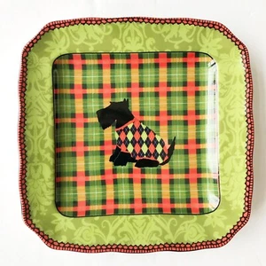 222 Fifth Christmas Scotty Scottish Terrier Dog Argyle Appetizer Plate 6" Square - Picture 1 of 4