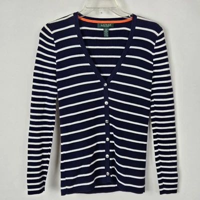 Suéter para mujer Lauren Ralph Lauren azul y blanco a rayas con botones cuello en V PS Foto 1 de 4